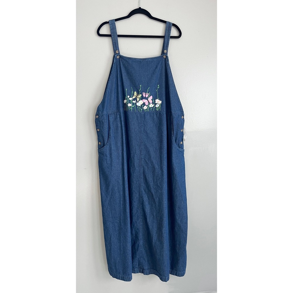 Westbound Jumper Dress Women 2X Blue Denim Butterfly Floral Midi Cottagecore NEW